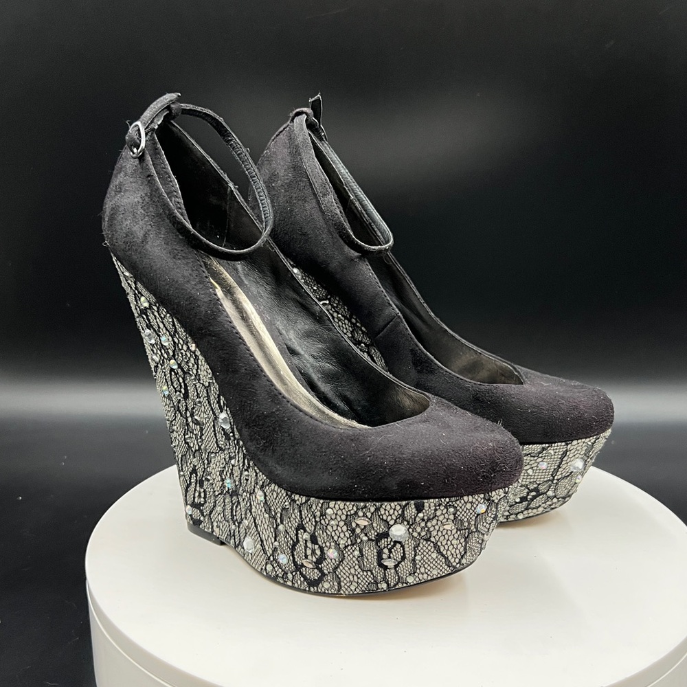 WILD PAIR Black Wedges with Rhinestones